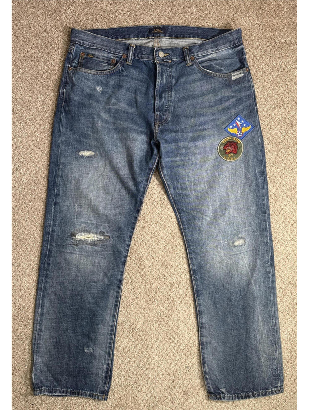 Polo Ralph Lauren Tiger Military Patch Jeans Distressed Denim Blue Size 36